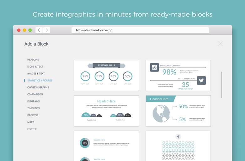 Create infographics in minutes from ready-made blocks. 